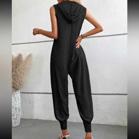 Boho Hoodie Hooded Smocked Button Jumpsuit Black - Picture 2 of 6